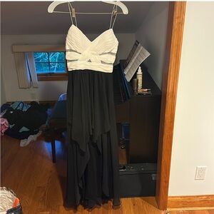 High low gown with white mesh cut outs